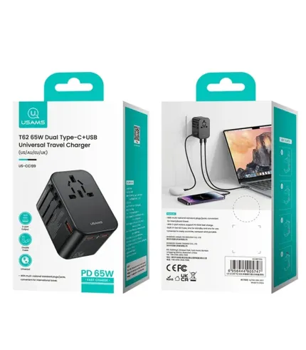 شارژر دیواری و آداپتور دیواری 65 وات یونیورسال یوسمز مدل USAMS CC199 T62 65W Type-C+USB Universal Travel Charger