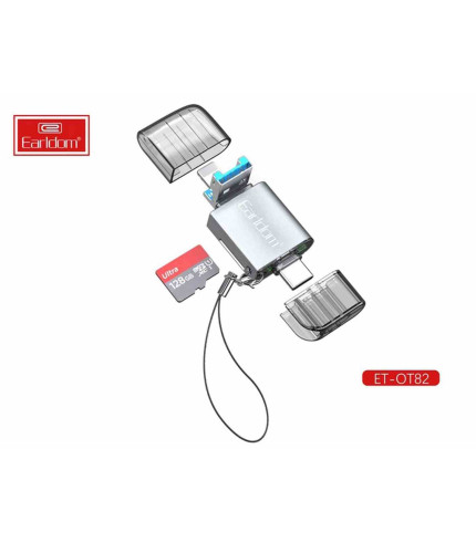 رم ریدر و اوتی‌جی دو سر تایپ سی و لایتنینگ ارلدام Earldom ET-OT82 4-in-1 Mini Aluminium USB3.0 Card Reader