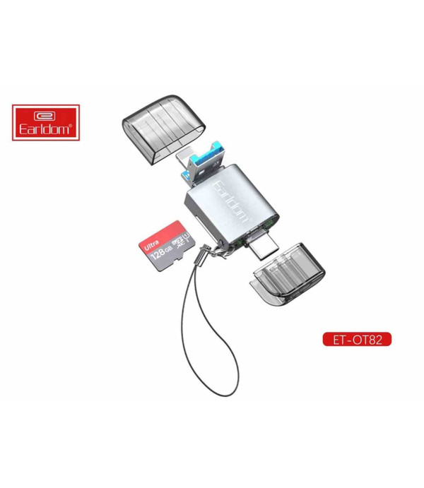 رم ریدر و اوتی‌جی دو سر تایپ سی و لایتنینگ ارلدام Earldom ET-OT82 4-in-1 Mini Aluminium USB3.0 Card Reader