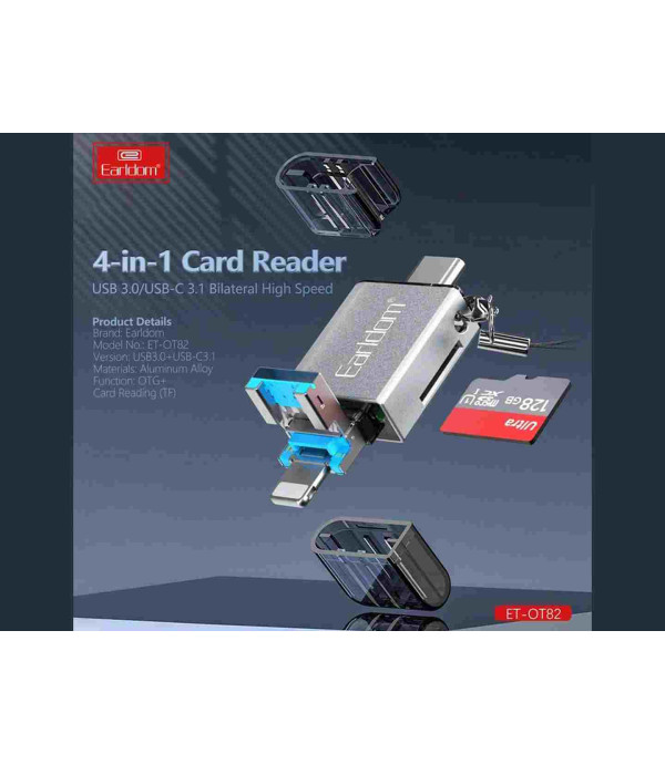 رم ریدر و اوتی‌جی دو سر تایپ سی و لایتنینگ ارلدام Earldom ET-OT82 4-in-1 Mini Aluminium USB3.0 Card Reader