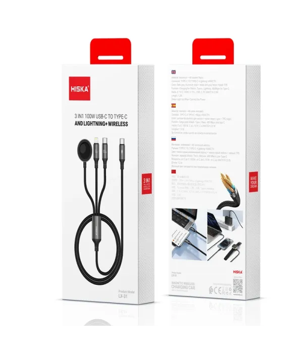 کابل تبدیل و شارژ USB-C به لایتنینگ / USB-C / WIRELESS هیسکا مدل LX-31 طول 1.2 متر