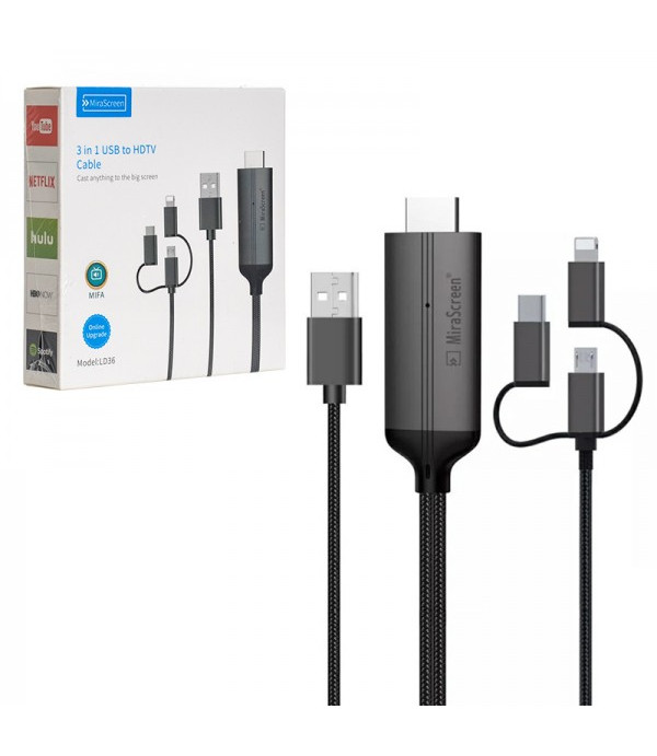 کابل MHL تایپ سی، لایتنینگ به HDMI میرا اسکرین (MiraScreen) طول 2 متر مدل LD36