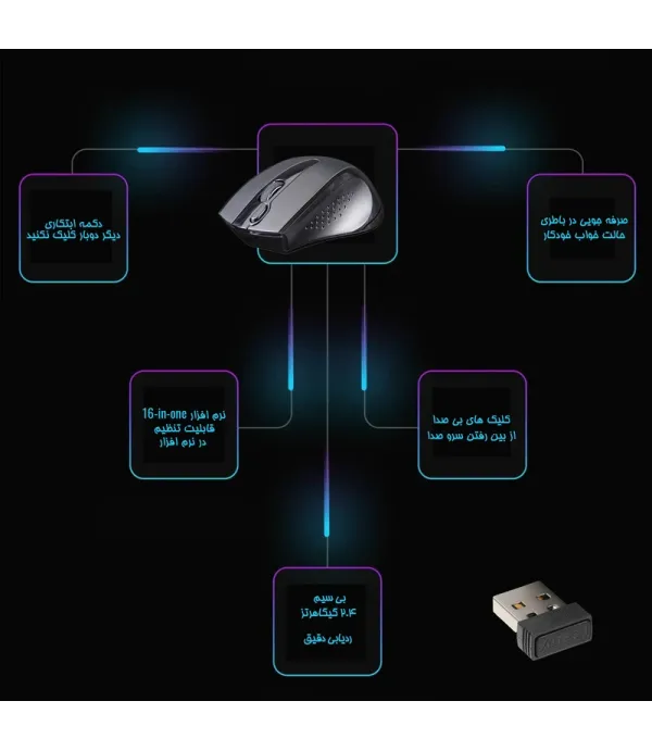 ماوس بی‌سیم ای فورتک مدل G9-500FS، دارای 4 کلید، رابط دانگل USB، باتری قلمی، دقت 1200 DPI، فرکانس 2.4 گیگاهرتز