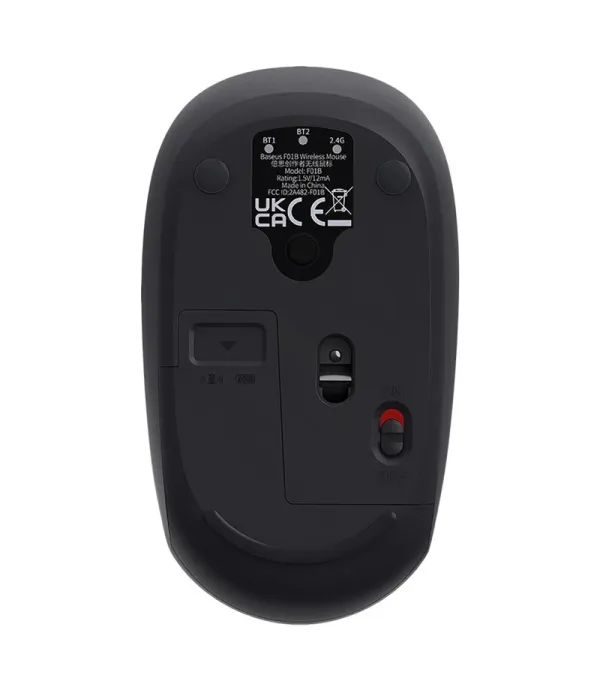 ماوس بی‌سیم‌ بیسوس مدل F01B Tri-Mode با حسگر اپتیکال، دارای 5 کلید، بی‌صدا، قابلیت اتصال به سه دستگاه، رابط دانگل USB، بلوتوث، باتری قلمی، دقت 1600 DPI، فرکانس 2.4 گیگاهرتز