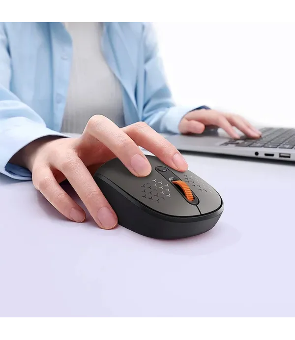 ماوس بی‌سیم‌ بیسوس مدل F01B Tri-Mode با حسگر اپتیکال، دارای 5 کلید، بی‌صدا، قابلیت اتصال به سه دستگاه، رابط دانگل USB، بلوتوث، باتری قلمی، دقت 1600 DPI، فرکانس 2.4 گیگاهرتز