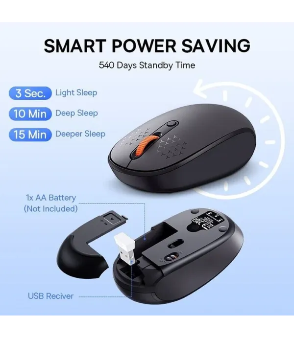 ماوس بی‌سیم‌ بیسوس مدل F01B Tri-Mode با حسگر اپتیکال، دارای 5 کلید، بی‌صدا، قابلیت اتصال به سه دستگاه، رابط دانگل USB، بلوتوث، باتری قلمی، دقت 1600 DPI، فرکانس 2.4 گیگاهرتز