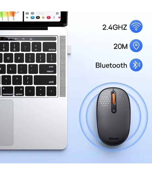 ماوس بی‌سیم‌ بیسوس مدل F01B Tri-Mode با حسگر اپتیکال، دارای 5 کلید، بی‌صدا، قابلیت اتصال به سه دستگاه، رابط دانگل USB، بلوتوث، باتری قلمی، دقت 1600 DPI، فرکانس 2.4 گیگاهرتز