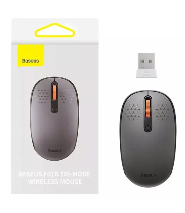 ماوس بی‌سیم‌ بیسوس مدل F01B Tri-Mode با حسگر اپتیکال، دارای 5 کلید، بی‌صدا، قابلیت اتصال به سه دستگاه، رابط دانگل USB، بلوتوث، باتری قلمی، دقت 1600 DPI، فرکانس 2.4 گیگاهرتز