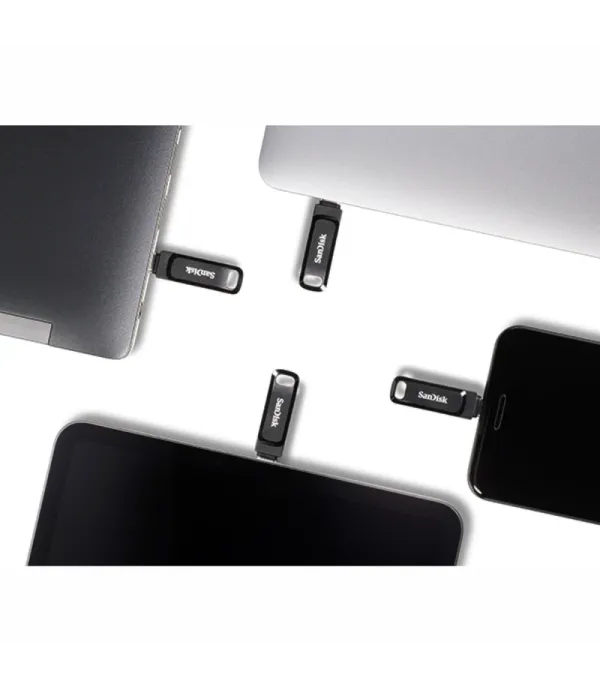 فلش مموری 64 گیگابایت سن دیسک مدل Ultra Dual Drive GO USB Type-C، دارای رابط‌های USB Type-C و USB 3.0، مقاوم در برابر ضربه، آب و گرد و غبار