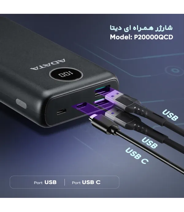 پاوربانک ای دیتا مدل P20000QCD، ظرفیت 20000 میلی‌آمپر ساعت، پشتیبانی از فناوری شارژ سریع Power Delivery (PD)، سازگار با انواع گوشی‌های موبایل، تبلت، دوربین دیجیتال، جنس بدنه پلاستیک، دارای 3 درگاه خروجی