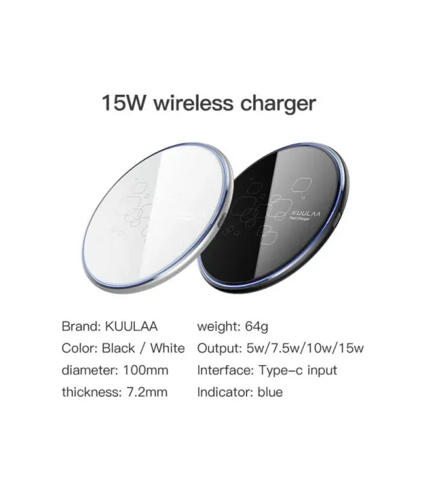 پد شارژ بی سیم (wireless) رو میزی کولا (KUULAA) 15 واتی فست شارژ با نور راهنما مدل KL-CD17