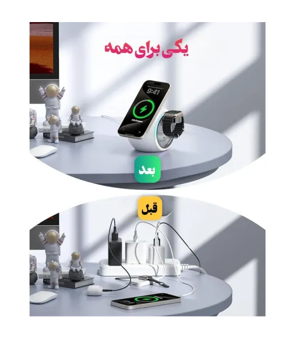 شارژر بی سیم (Wireless) رومیزی 3 کاره 15 وات فست شارژ کولا (KUULAA) مگ سیف با نور RGB مدل KL-CD70