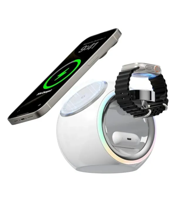 شارژر بی سیم (Wireless) رومیزی 3 کاره 15 وات فست شارژ کولا (KUULAA) مگ سیف با نور RGB مدل KL-CD70