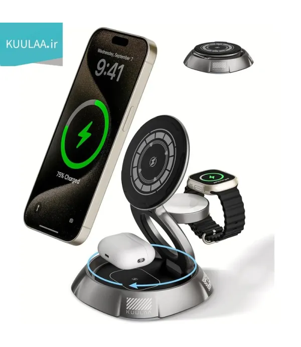 شارژر بی سیم (Wireless) مگ سیف 3 کاره کولا (KUULAA) 15 وات فست شارژ رو میزی مدل KL-CD72 با نور RGB