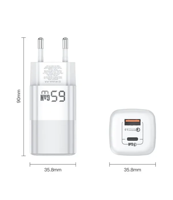 شارژر دیواری 65 وات GaN کولا (KUULAA) 2 پورت تایپ سی / USB A مدل RY-U65A