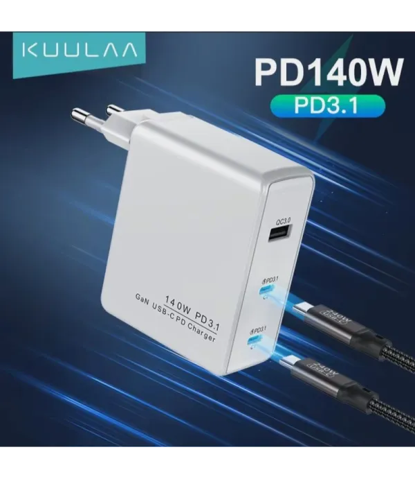 شارژر دیواری 140 وات GaN کولا (KUULAA) 3 پورت تایپ سی / USB A با کابل 240 وات مدل PST-140UC2-LB