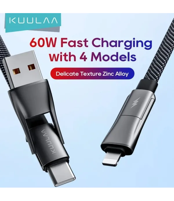کابل شارژ و تبدیل USB A و تایپ سی به تایپ سی/ لایتنینگ کشویی کولا (KUULAA) 60 وات مدل KL-X73