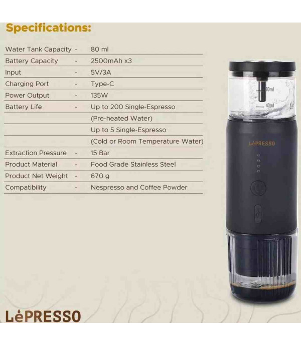 اسپرسوساز شارژی سفری لپرسو با قابلیت گرم کردن آب مدل LePresso Portable Espresso Machine With Heating Function LPCFFM0001