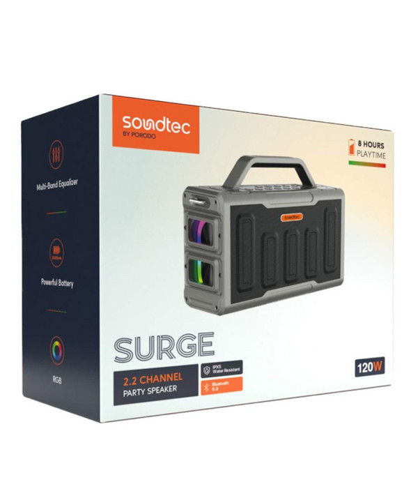 اسپیکر بلوتوثی و پارتی باکس قابل حمل 100 وات RMS با 4 درایو شامل 2 عدد ووفر + 2 عدد تویتر و ورودی 6.5 میلی متری میکروفون پرودو مدل Porodo Soundtec Surge 2.2 Channel Party Speaker PD-STPS100