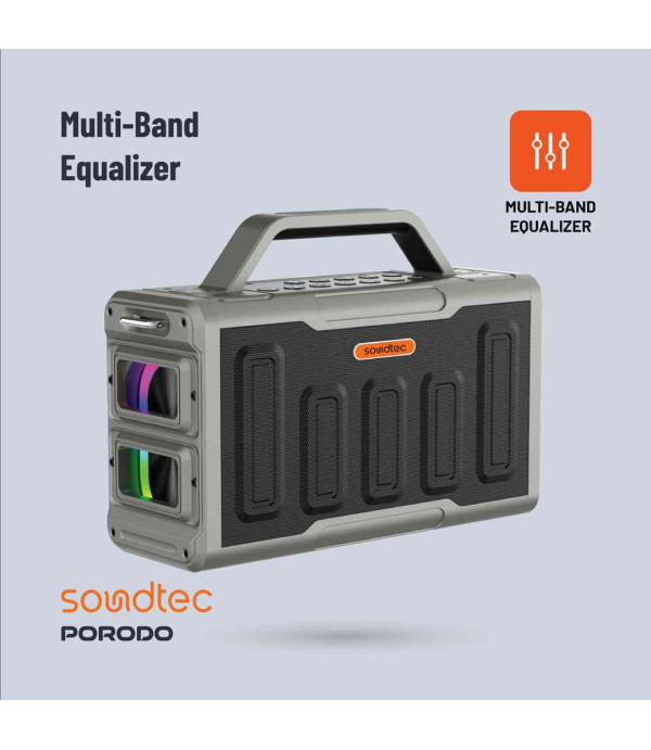 اسپیکر بلوتوثی و پارتی باکس قابل حمل 100 وات RMS با 4 درایو شامل 2 عدد ووفر + 2 عدد تویتر و ورودی 6.5 میلی متری میکروفون پرودو مدل Porodo Soundtec Surge 2.2 Channel Party Speaker PD-STPS100