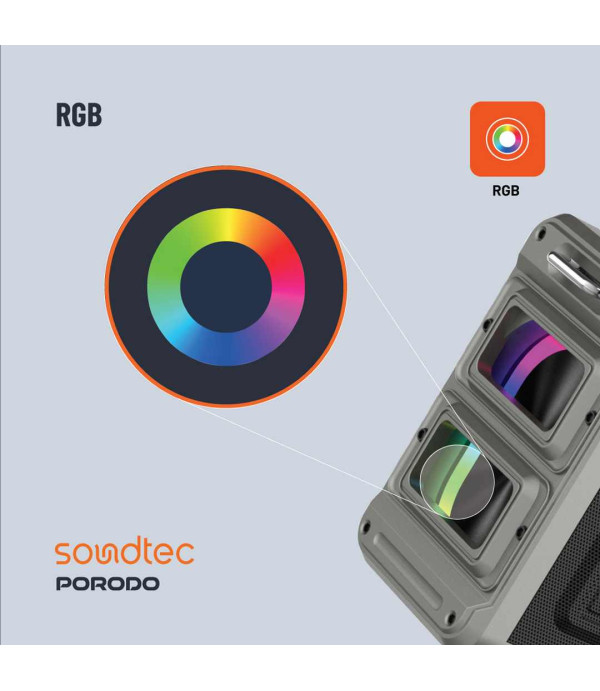 اسپیکر بلوتوثی و پارتی باکس قابل حمل 100 وات RMS با 4 درایو شامل 2 عدد ووفر + 2 عدد تویتر و ورودی 6.5 میلی متری میکروفون پرودو مدل Porodo Soundtec Surge 2.2 Channel Party Speaker PD-STPS100