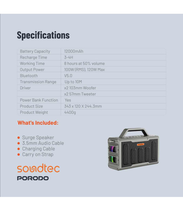 اسپیکر بلوتوثی و پارتی باکس قابل حمل 100 وات RMS با 4 درایو شامل 2 عدد ووفر + 2 عدد تویتر و ورودی 6.5 میلی متری میکروفون پرودو مدل Porodo Soundtec Surge 2.2 Channel Party Speaker PD-STPS100