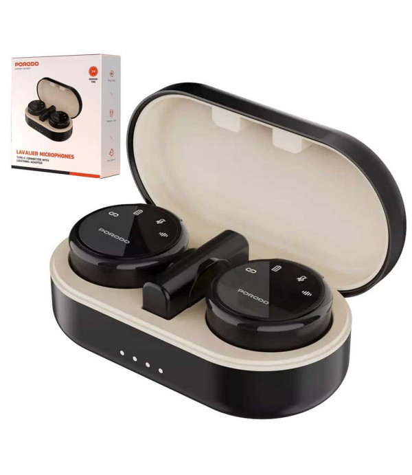 میکروفون بی سیم یقه‌ای تایپ سی و لایتنینگ با دو فرستنده پورودو Porodo Lavalier Microphones Type-C Connector With Lightning Adapter PD-WMDMIC