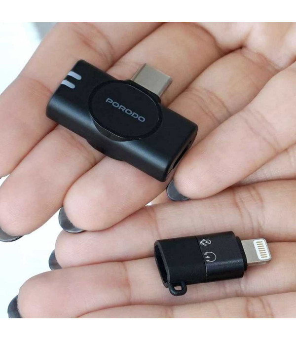 میکروفون بی سیم یقه‌ای تایپ سی و لایتنینگ با دو فرستنده پورودو Porodo Lavalier Microphones Type-C Connector With Lightning Adapter PD-WMDMIC
