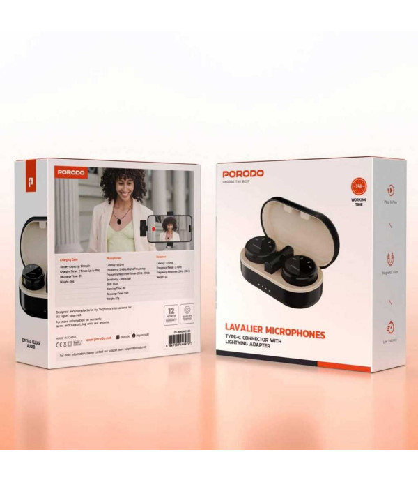 میکروفون بی سیم یقه‌ای تایپ سی و لایتنینگ با دو فرستنده پورودو Porodo Lavalier Microphones Type-C Connector With Lightning Adapter PD-WMDMIC