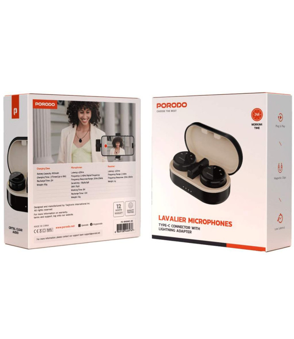 میکروفون بی سیم یقه‌ای تایپ سی و لایتنینگ با دو فرستنده پورودو Porodo Lavalier Microphones Type-C Connector With Lightning Adapter PD-WMDMIC