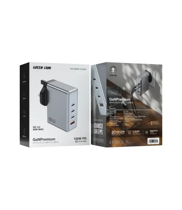 شارژر دیواری 100 وات گرین لاین مدل GaN Premium 100W
