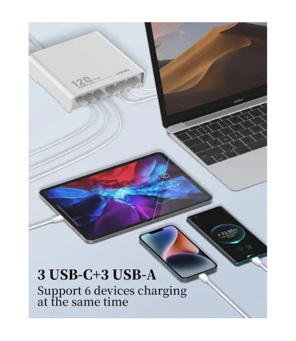 شارژر رومیزی 120 وات الدینیو مدل HUB CHARGER Q605