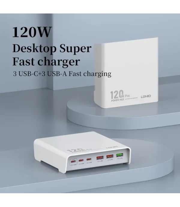 شارژر رومیزی 120 وات الدینیو مدل HUB CHARGER Q605