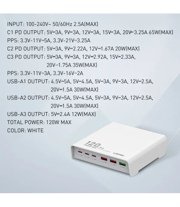 شارژر رومیزی 120 وات الدینیو مدل HUB CHARGER Q605