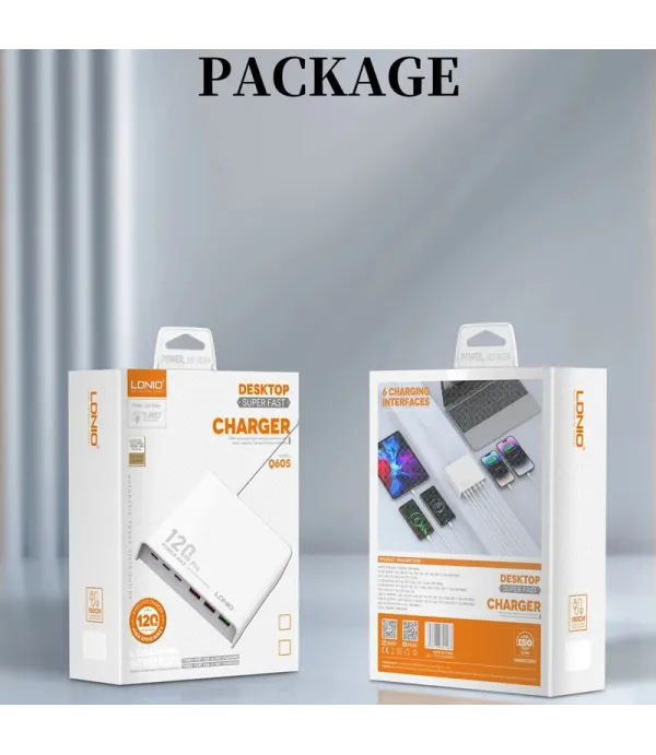 شارژر رومیزی 120 وات الدینیو مدل HUB CHARGER Q605