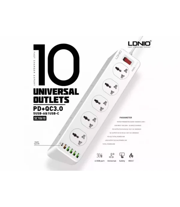 چندراهی برق 10 سوکت، 5 یواس‌بی و 1 تایپ‌‎سی الدنیو مدل Ldnio Power Strip 2500W SC10610