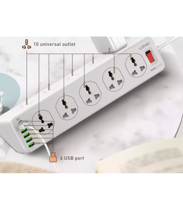 چندراهی برق 10 سوکت، 5 یواس‌بی و 1 تایپ‌‎سی الدنیو مدل Ldnio Power Strip 2500W SC10610