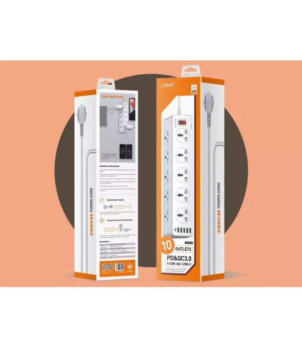 چندراهی برق 10 سوکت، 5 یواس‌بی و 1 تایپ‌‎سی الدنیو مدل Ldnio Power Strip 2500W SC10610
