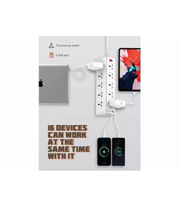 چندراهی برق 10 سوکت، 5 یواس‌بی و 1 تایپ‌‎سی الدنیو مدل Ldnio Power Strip 2500W SC10610