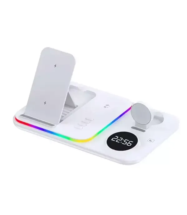 شارژر وایرلس (بی سیم) رومیزی 5 کاره با نور RGB فست شارژ 30 وات با نمایش ساعت مدل A82 5-in-1 Wireless Charging Dock