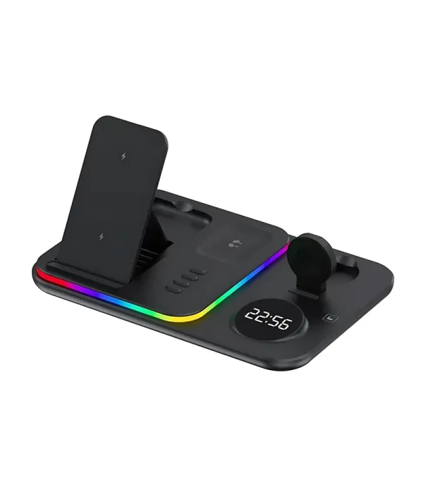 شارژر وایرلس (بی سیم) رومیزی 5 کاره با نور RGB فست شارژ 30 وات با نمایش ساعت مدل A82 5-in-1 Wireless Charging Dock