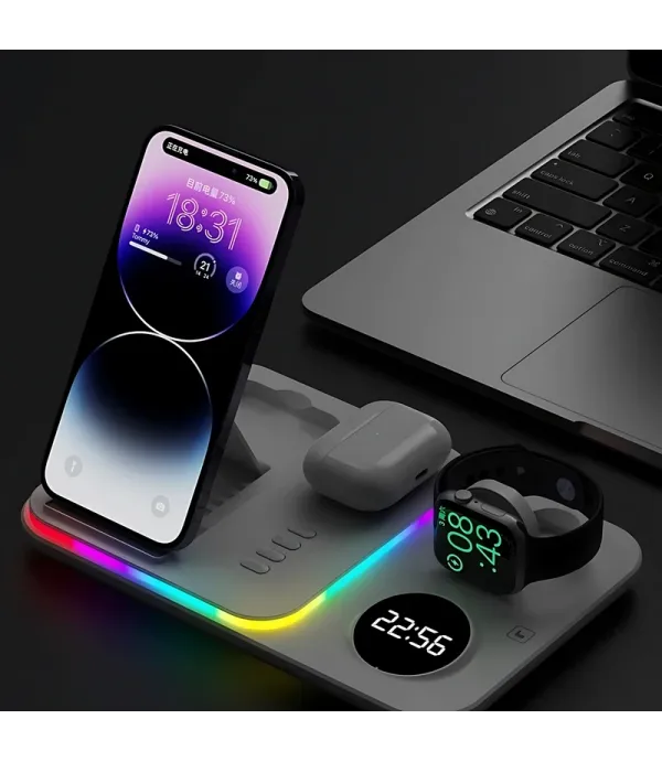 شارژر وایرلس (بی سیم) رومیزی 5 کاره با نور RGB فست شارژ 30 وات با نمایش ساعت مدل A82 5-in-1 Wireless Charging Dock