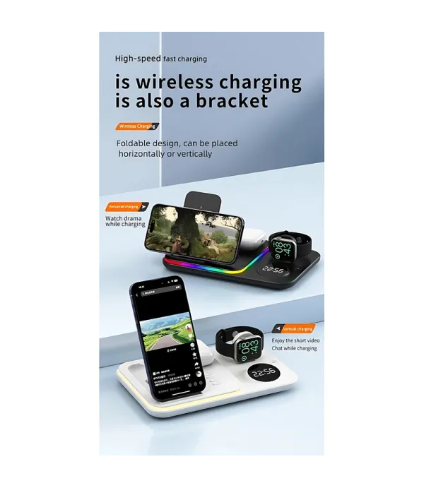شارژر وایرلس (بی سیم) رومیزی 5 کاره با نور RGB فست شارژ 30 وات با نمایش ساعت مدل A82 5-in-1 Wireless Charging Dock