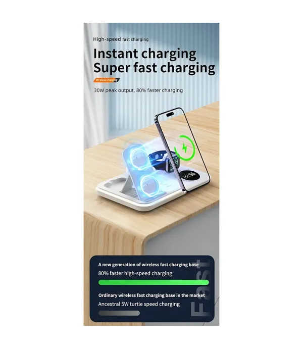 شارژر وایرلس (بی سیم) رومیزی 5 کاره با نور RGB فست شارژ 30 وات با نمایش ساعت مدل A82 5-in-1 Wireless Charging Dock