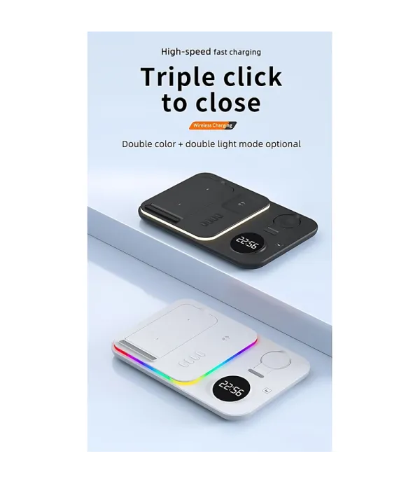 شارژر وایرلس (بی سیم) رومیزی 5 کاره با نور RGB فست شارژ 30 وات با نمایش ساعت مدل A82 5-in-1 Wireless Charging Dock