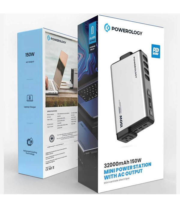 مبدل برق خودرو (اینورتر) و پاوربانک قابل حمل 150 وات 32000 پاورولوژی Powerology Mini Power Station with AC Output 150W 32000mAh PD 100W PPBCHA31 PP031
