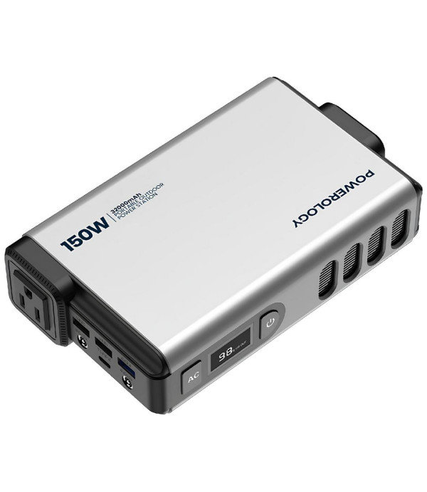 مبدل برق خودرو (اینورتر) و پاوربانک قابل حمل 150 وات 32000 پاورولوژی Powerology Mini Power Station with AC Output 150W 32000mAh PD 100W PPBCHA31 PP031
