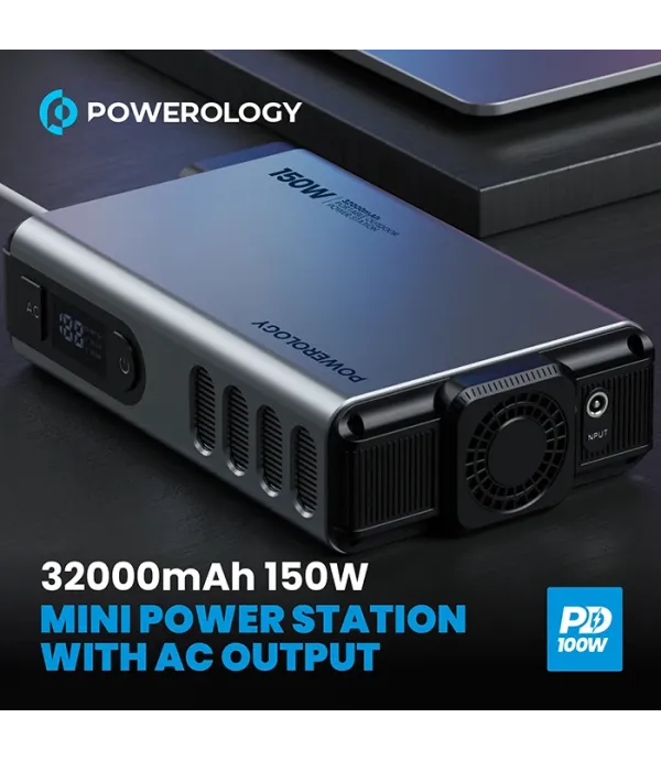اینورتر و پاوربانک پاورولوژی با ظرفیت 32 هزار میلی آمپر ساعت 150 وات Powerology 32000mAh 150W Mini Power Station With AC Output PPBCHA31