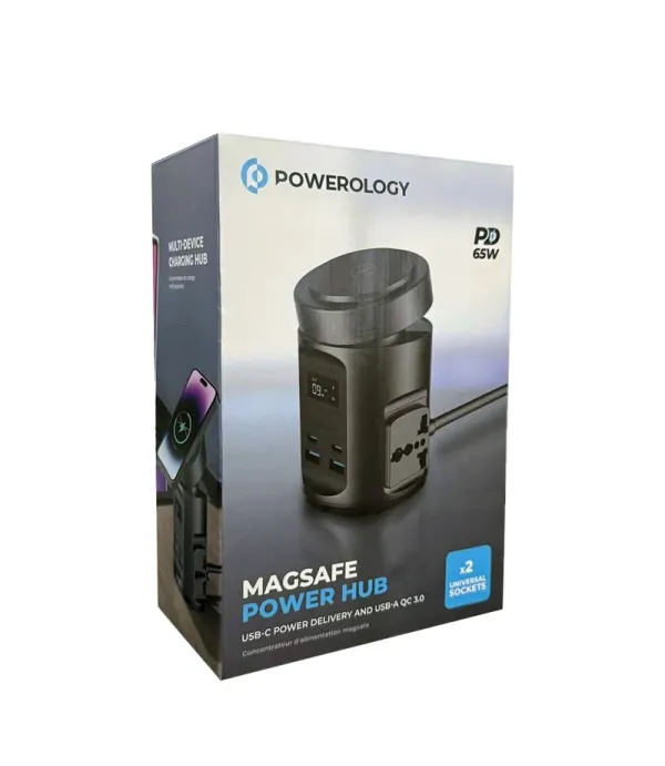 چندراهی برق 2200 وات و شارژر وایرلس رومیزی 15 وات فست شارژ 65 وات پاورولوژی Powerology Magsafe Power Hub USB-C Power Delivery And USB-A QC 3.0 PWCUQC014