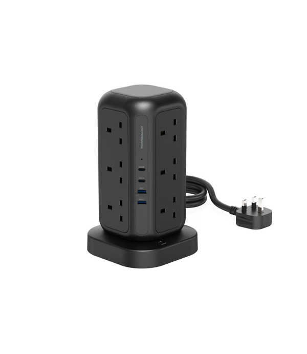 چندراهی برق و هاب شارژر رومیزی 3250 واتی 17 پورت AC , USB و شارژ وایرلس 15 واتی پاورولوژی مدل Powerology 12 AC Sockets GaN Tower Hub Charge Up To 17 Devices 3M PWCUQC025BK